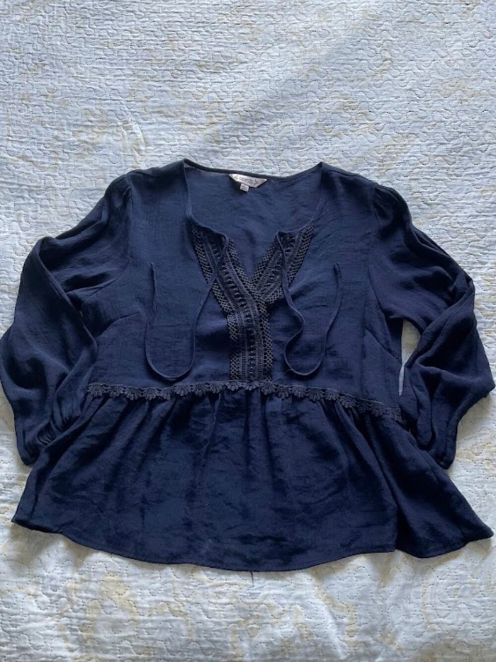 Nanette Lepore Navy Blue Crochet Lace Tie Front Peplum Blouse